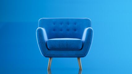 Fototapeta premium 3D render of blue sofa isolated over blue studio background.
