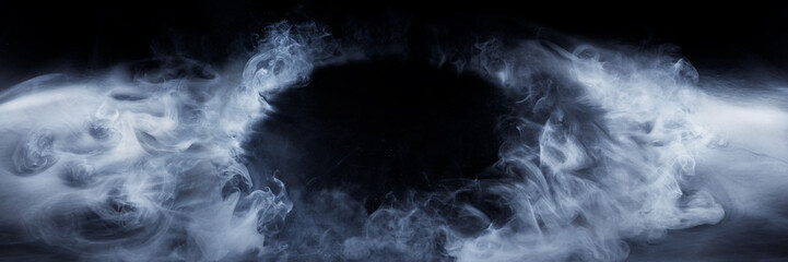Panoramic view of the abstract fog. Red cloudiness, mist or smog moves on black background. Mockup...