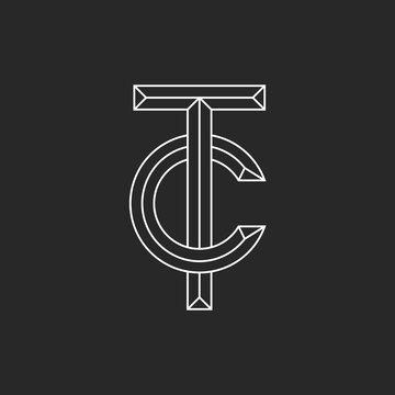 Initials letters TC or CT logo monogram outline linear shape on the black background, calligraphy overlapping letters T and C with 3d effect from white parallel thin lines.