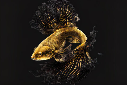 Golden fish on a dark background. Generative AI
