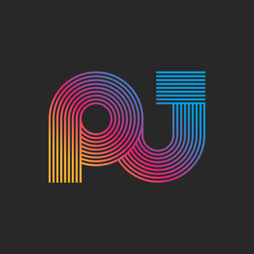 Calligraphy initials letter PJ or JP monogram logo bright gradient parallel thin lines in the minimal style, rounded shapes two letters P and J together, creative emblem for business or wedding card.