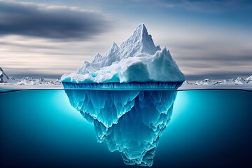 Iceberg in polar regions. Antarctica. Greenland. Hidden threat or danger concept. Global warming. Melting glacier. Underwater in the ocean