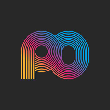 Logo PO or OP letters linear monogram from thin parallel lines and bright trendy gradient. Linked two hipster rounded letters P and O combination circle and oval geometric shapes.