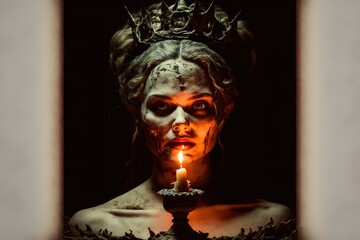 Woman witch on dark background with candle. Negative. Halloween.