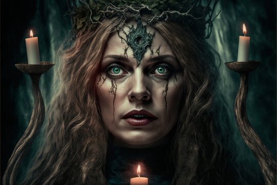 Woman witch on dark background with candle. Negative. Halloween.