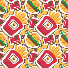 Seamless pattern with hamburgers and fries.