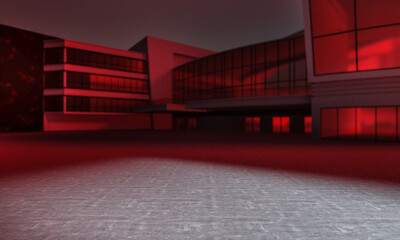 3D Render Low Angle red building with rays. Background of an empty corridor, parking, airport with ambient light. Abstract background with lines and glow. concrete asphalt,reflection of lights