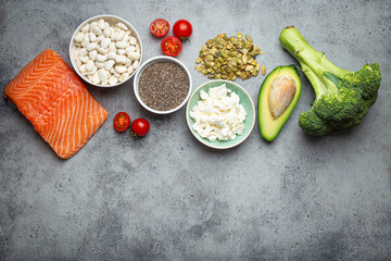 Selection of healthy food products if a person have diabetes: salmon fish, broccoli, avocado,...