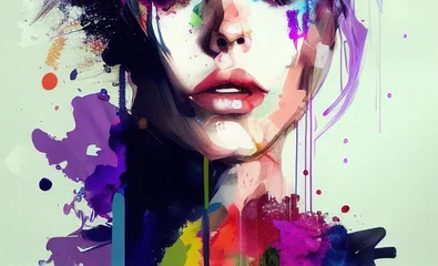 Stylized portrait of a beautiful girl, with paint splashes. colorful paints smudges, spatter. is not based on any real person. generative AI © ReisMedia