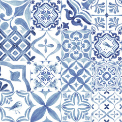 Azulejos - Portuguese tiles blue watercolor pattern. Traditional ornament. Variety tiles collection. Hand painted illustration