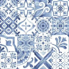 Tapeten Portugal Keramikfliesen Azulejos - blaues Aquarellmuster der portugiesischen Fliesen. Traditionelle Verzierung. Sammlung von Sortenfliesen. Handgemalte Abbildung