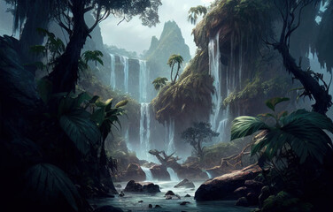 Fantasy scene, wild waterfalls in the jungle. game design inspiration. generative AI