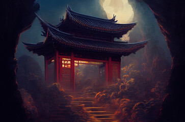 fantasy scene asian temple, game design inspiration. generative AI 