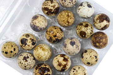Quail eggs in a package on white, top view