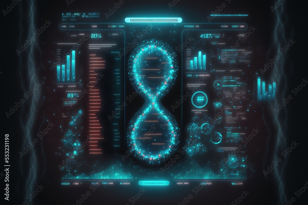 Aufkleber dna formula research and full analysis with the obtained data in hud style. ai