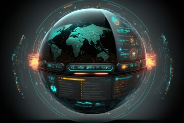 Futuristic cyberspace with dashboard elements HUD. 3D Earth Globe. ai - obrazy, fototapety, plakaty