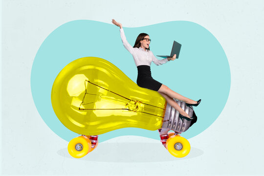 Photo artwork minimal collage picture of worker lady riding big bulb working modern device isolated drawing background - Powered by Adobe