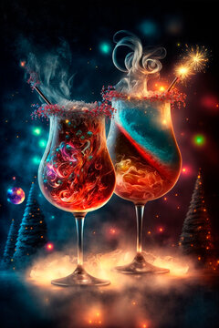 Magic Holiday Christmas Cocktails, snow, winter, amazing, epic, imaginative, beautiful, fireworks in the background, 3d render