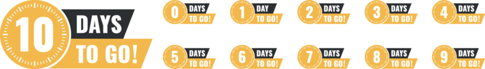 Number 0, 1, 2, 3, 4, 5, 6, 7, 8, 9, 10, of days left to go. Collection badges sale, landing page, banner.