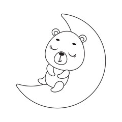 Coloring page cute little bear sleeping on moon. Coloring book for kids. Educational activity for preschool years kids and toddlers with cute animal. Vector stock illustration