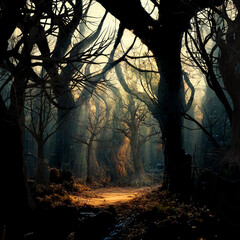 Path through a dark enchanting fairy tale forest with dramatic lights