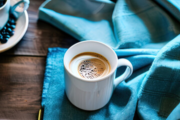 photo a close up of a cup of coffee on a tray,winter blue drapery, and coffee on a napkin, blue mood - AI Generated