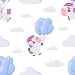 Cute magical unicorn flying on blue balloons seamless childish pattern. Funny magic unicorn cartoon character for fabric, wrapping, textile, wallpaper, apparel. Vector illustration