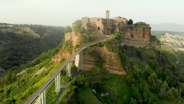 Aerial view of famous Civita di Bagnoregio town on summer evening