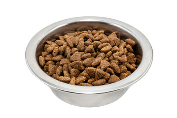 Dry dog ​​food in a metal plate on a white background top view. Feed