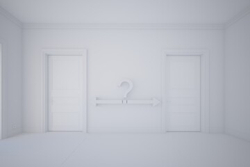 Two closed doors in a room and a question mark with two arrows in the middle. Two possibilities concept, dilemma for two different scenarios. Clay style rendering.
