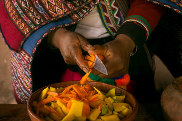 Cooking a traditional Andean vegetable soup before a Pachamanca feast with a Quechua tribe in the...