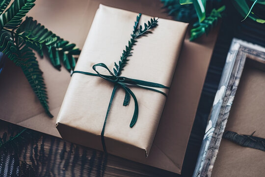 photos of a gift wrapped in brown paper sitting on top of a table, Christmas - AI Generated
