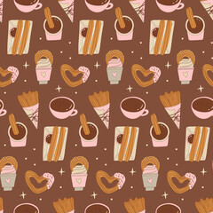 Seamless pattern with latin american churros. Mexican or Spanish traditional dessert. Churros on chocolate background. Traditional Mexican pastries. Endlessly repeating churros. Vector illustration.