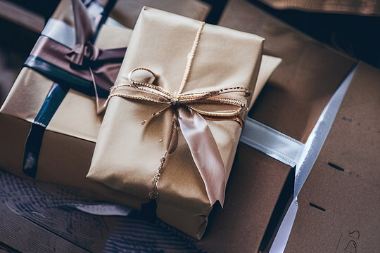 photos of a gift wrapped in brown paper sitting on top of a table, Christmas - AI Generated