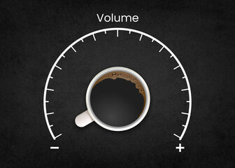 Fototapeta na wymiar Hand drawn Fuel gauge scale with cup of coffee pointing at empty mark over black background.