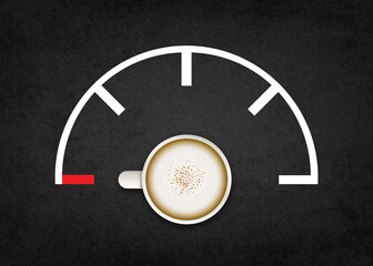 Hand drawn Fuel gauge scale with cup of coffee pointing at empty mark over black background.