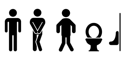 Funny cartoon Stick figures or stickman and toilet logo. Restroom or bathroom for running man or woman to peeing. Human toilets. Vector clipart clean WC pictogram. Human toilets icon or sign. 