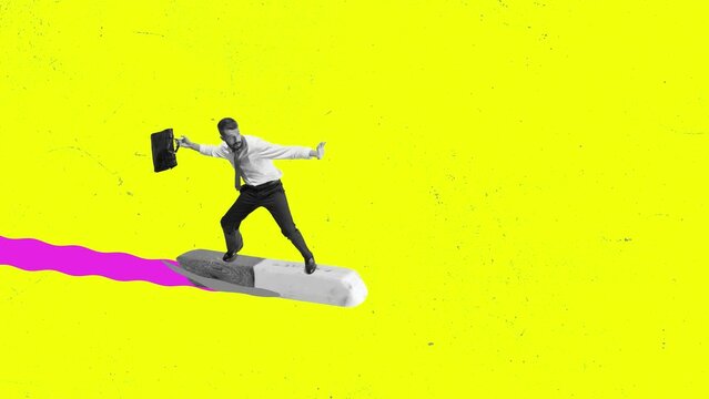Stop motion, animation. Creative design with motivated employee rushing to work on eraser isolated on yellow neon background