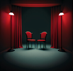 room with red curtains and spotlights, stage