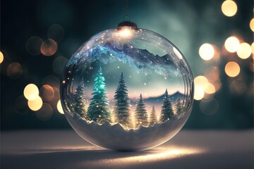 Winter Christmas glass balls on a Christmas tree with a natural pattern. Glass ball, snow, fir trees, frost, forest animals, a winter fairy tale in a ball. AI