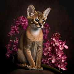 Gorgeous Abyssinian cat kitten surrounded by pink flowers on black background, digital art