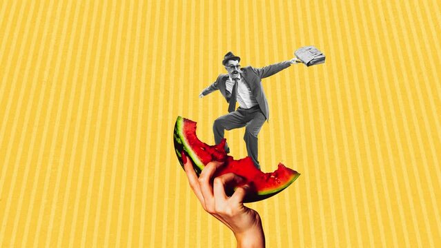 Stop motion, animation. Creative design. Stylish man in official clothes surfing on watermelon slice isolated on yellow background