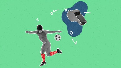 Stop motion, animation. Professional male soccer football player kicking the ball over green background. Training. Concept of sport, creativity, achievements, media, betting