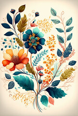 Floral background, beautiful blossoms, green, orange, purple, pink, turquoise, beautiful wallpaper, illustration, digital