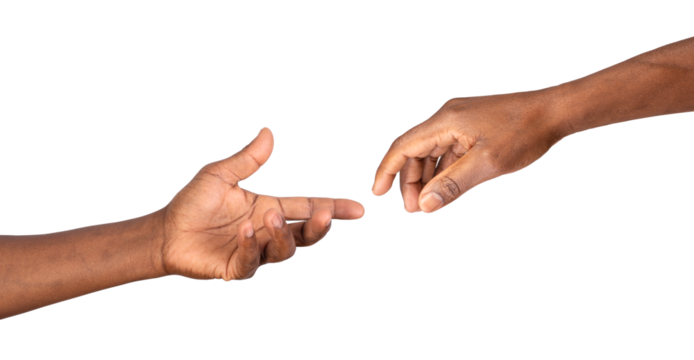Hands reaching out to help or give. Two male hands trying to touch like in the creation of Adam isolated on white or transparent background