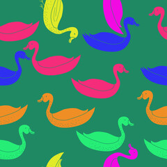 Seamless decorative colored ducks . Hand drawn.