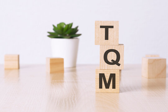 tqm - financial concept. wooden cubes and flower in a pot on background