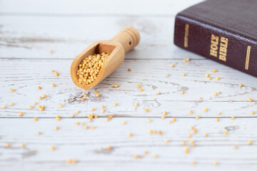 Mustard seeds in wooden spoon with holy bible book and spilled grains on table. Faith parable of...