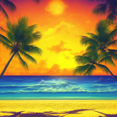 Fototapeta na wymiar AI Generated Sunset Tropical Beach Illustration