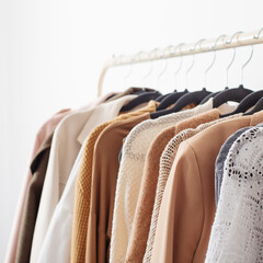 female autumn clothes on hangers  in  white room